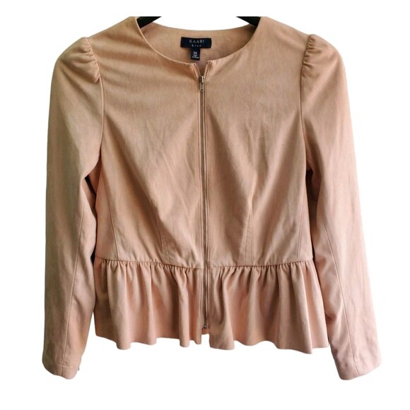 Kaari Blue Jackets & Blazers - Kaari Blue Peplum Jacket Womens XS Pink Blush Faux Suede Zip Cuffs Full Zip